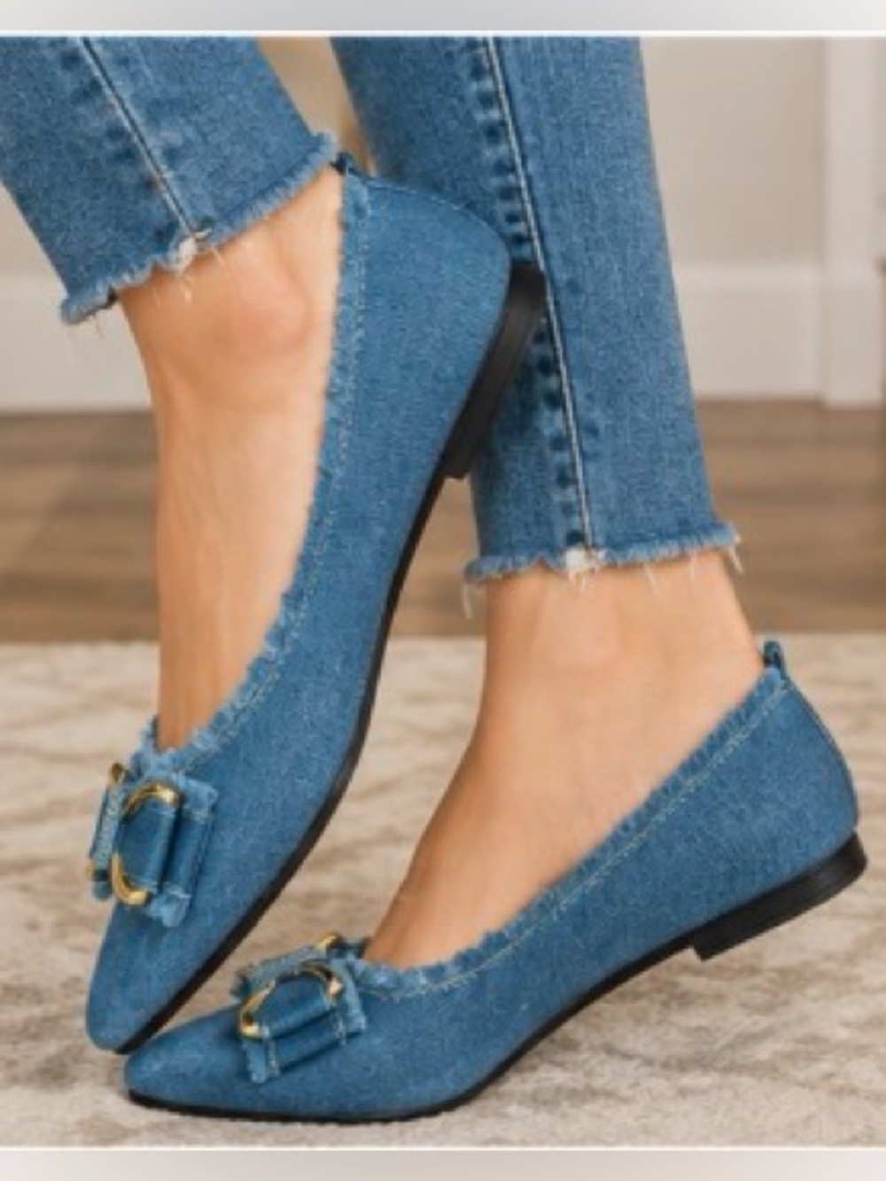 Denim Blue Pointed Toe Flats Gold Bow Rhinestone Accent Size 40 / US 9 - Picture 2 of 10